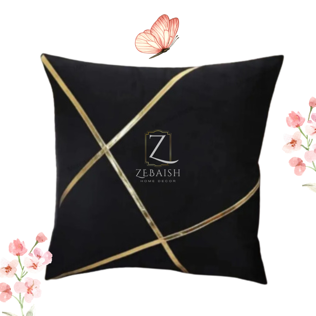 Striking Black Velvet Cushion Cover with Abstract Gold Stripes - 16x16 Inch