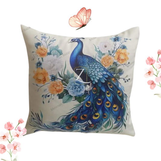 Majestic Peacock & Floral Print Cushion Cover