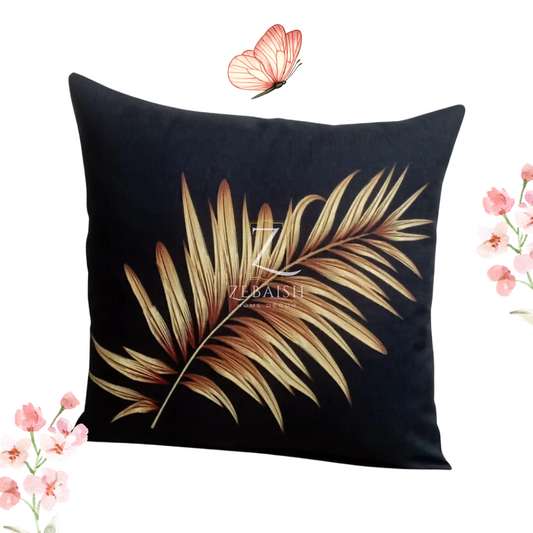 Black and Gold Palm Leaf Cushion Cover