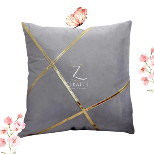 Chic Grey Velvet Cushion Cover with Abstract Gold Stripes - 16x16 Inch