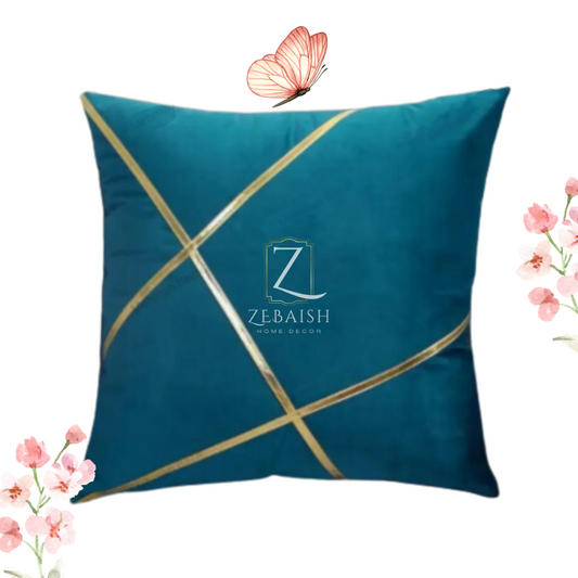 Deep Teal Velvet Cushion Cover with Abstract Gold Stripes - 16x16 Inch