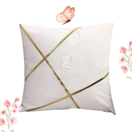 Elegant White Velvet Cushion Cover with Abstract Gold Stripes - 16x16 Inch