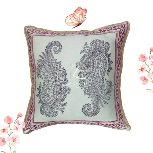 Handcrafted Paisley Block Print Cushion Cover | 100% Cotton Pakistan Throw Pillow with Jute Piping
