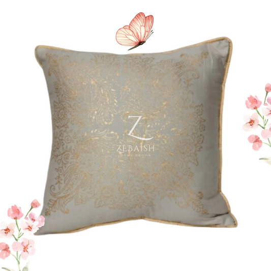 Light Grey Cushion with Gold Foil Damask Print | Pillow with Gold Piping