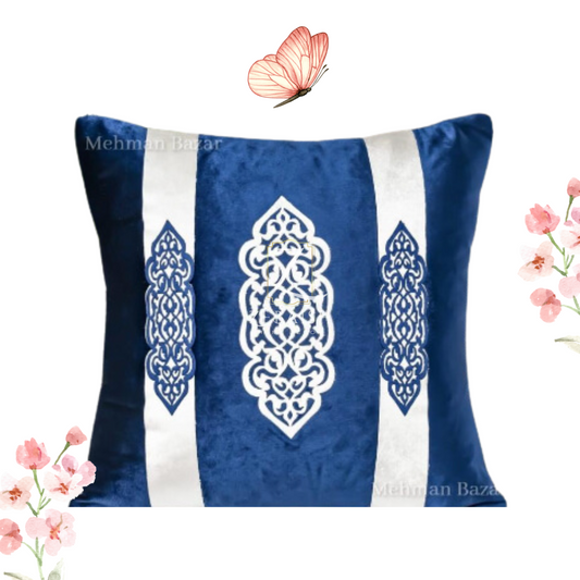 Royal Blue Velvet Cushion Cover with White Arabesque Embroidery | Plush Decorative Pillow