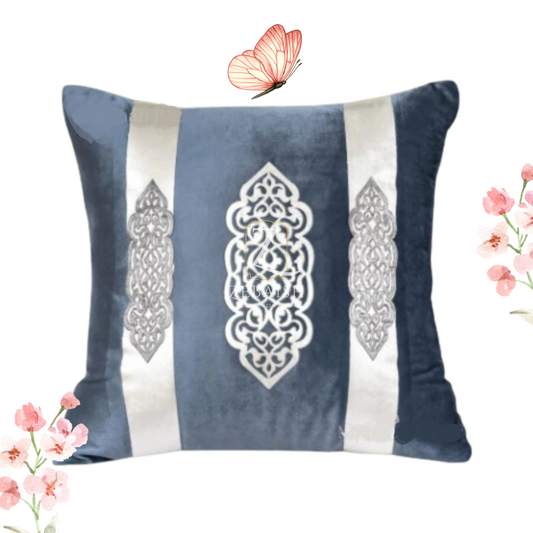 Dusty Blue Velvet Cushion with Silver Arabesque Appliqué | Elegant Striped Throw Pillow