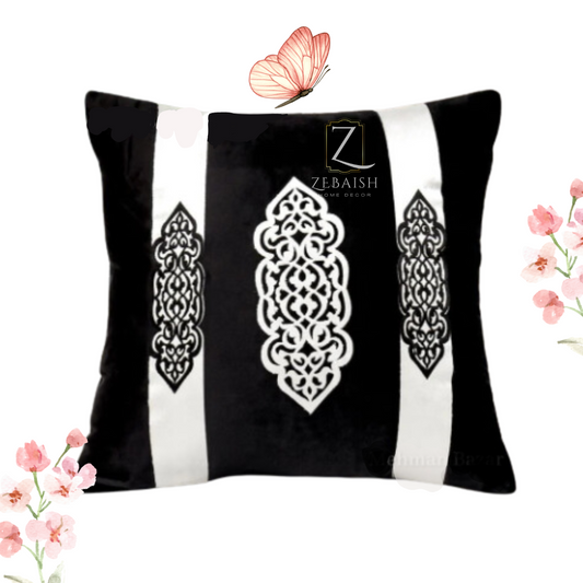 Black Velvet Cushion with White Arabesque Appliqué | Monochrome Striped Throw Pillow