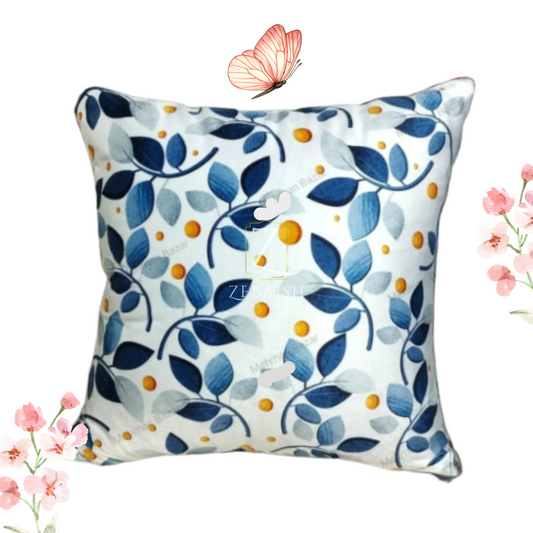 Blue Leaf and Berry Print Cushion Cover